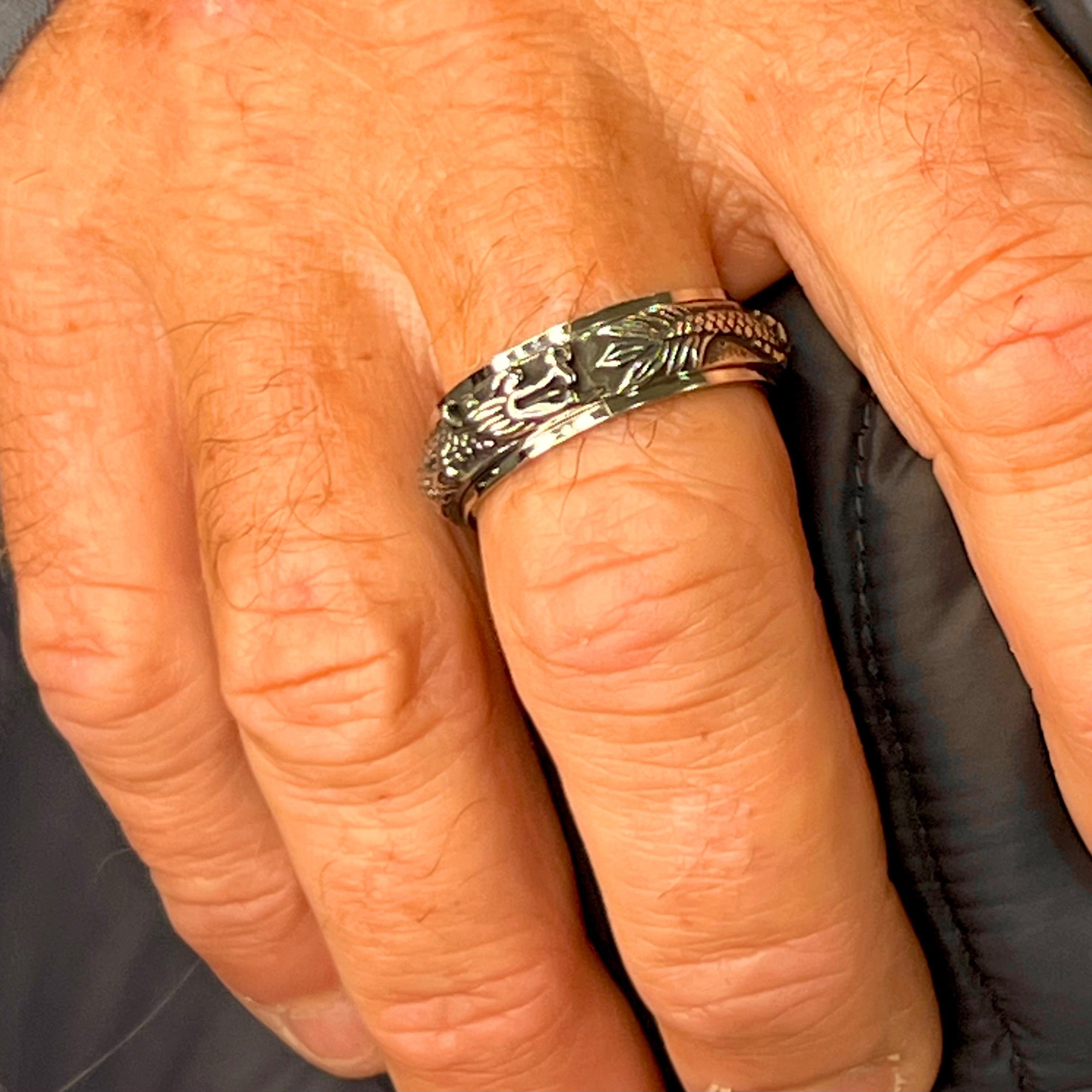 Model wearing Dragon Spinner Ring - Stainless Steel Rotating Band Jewelry