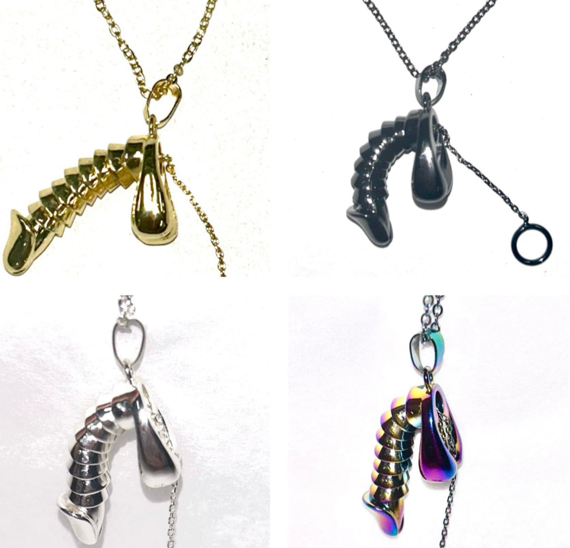 Pull chain pendant necklace shown in gold, black, silver, and rainbow finishes