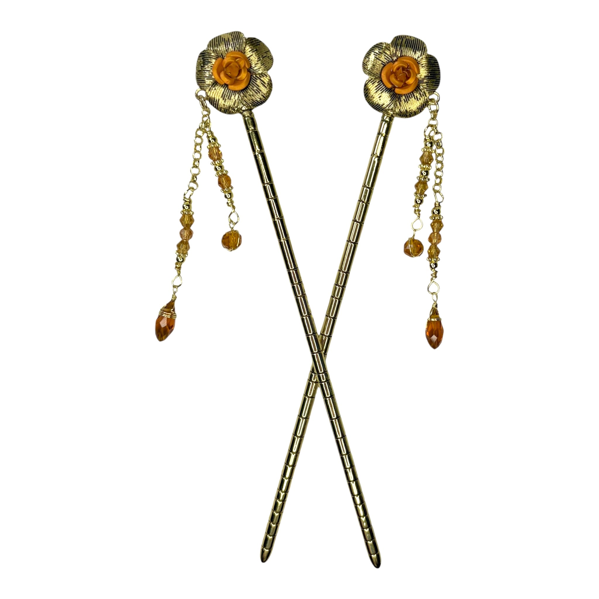 Pair of antique gold flower hair sticks with amber rose centers and amber crystal bead dangle chains, shown crossed on a white background to display the front view.