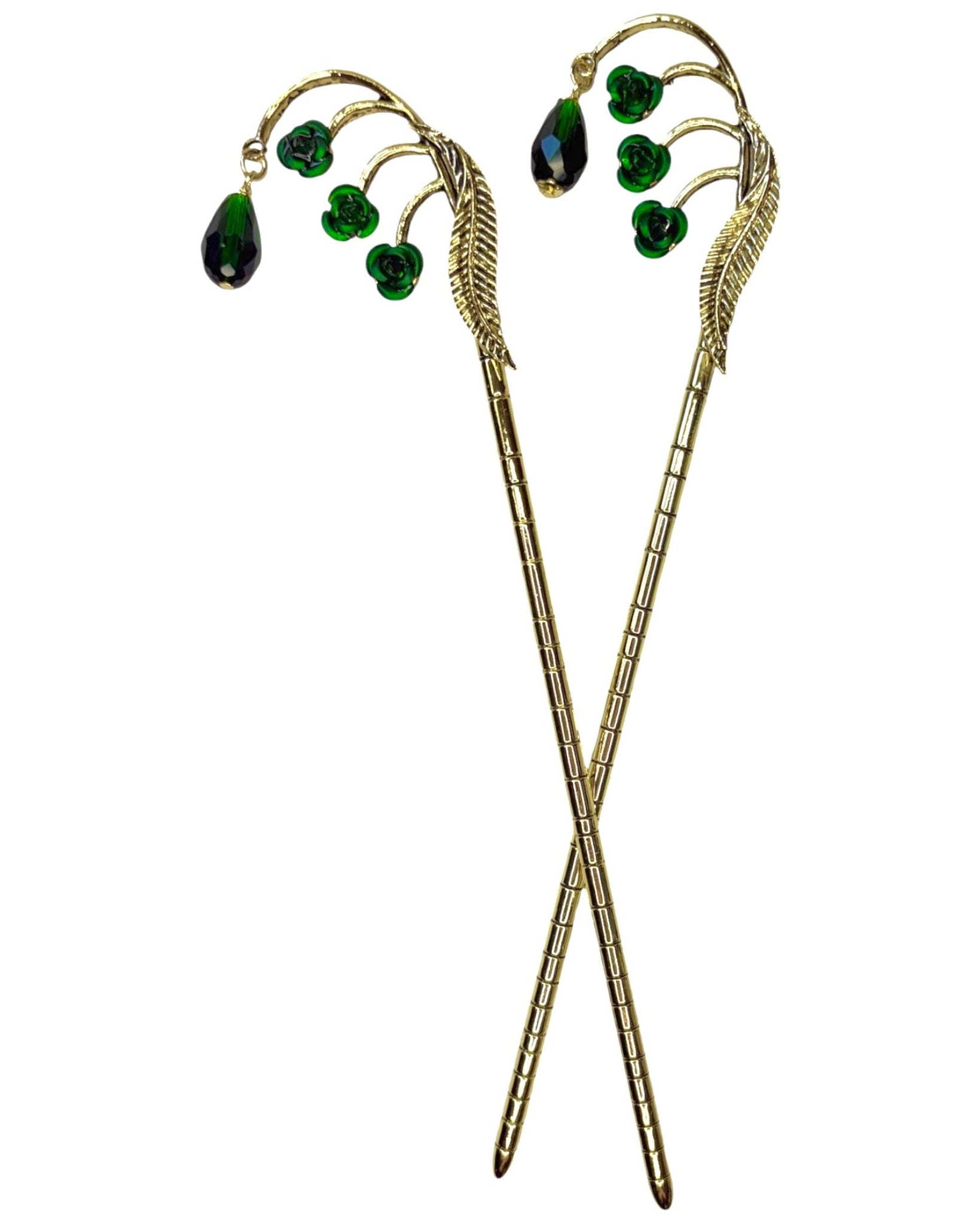 Gold Feather Hair Sticks featuring a feather design with green crystal drops, pair shown front view on a white background.