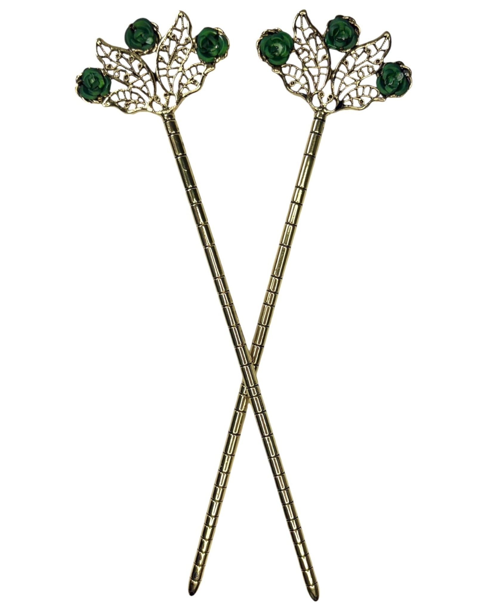 Floral Fan Hair Sticks – Gold floral filigree hair sticks with green rose accents, front product view on white background.