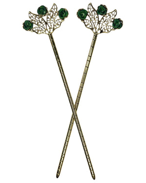 Floral Fan Hair Sticks – Gold floral filigree hair sticks with green rose accents, front product view on white background.