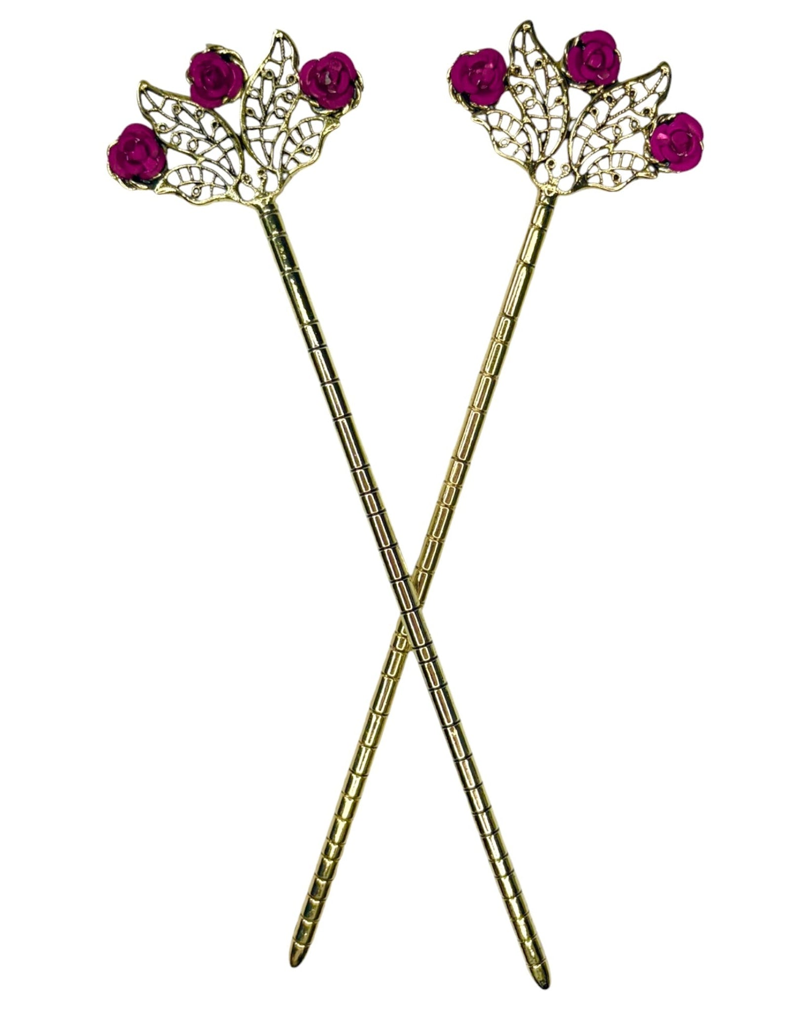Floral Fan Hair Sticks – Gold floral filigree hair sticks with pink rose accents, front product view on white background.