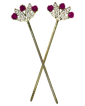 Floral Fan Hair Sticks – Gold floral filigree hair sticks with pink rose accents, front product view on white background.