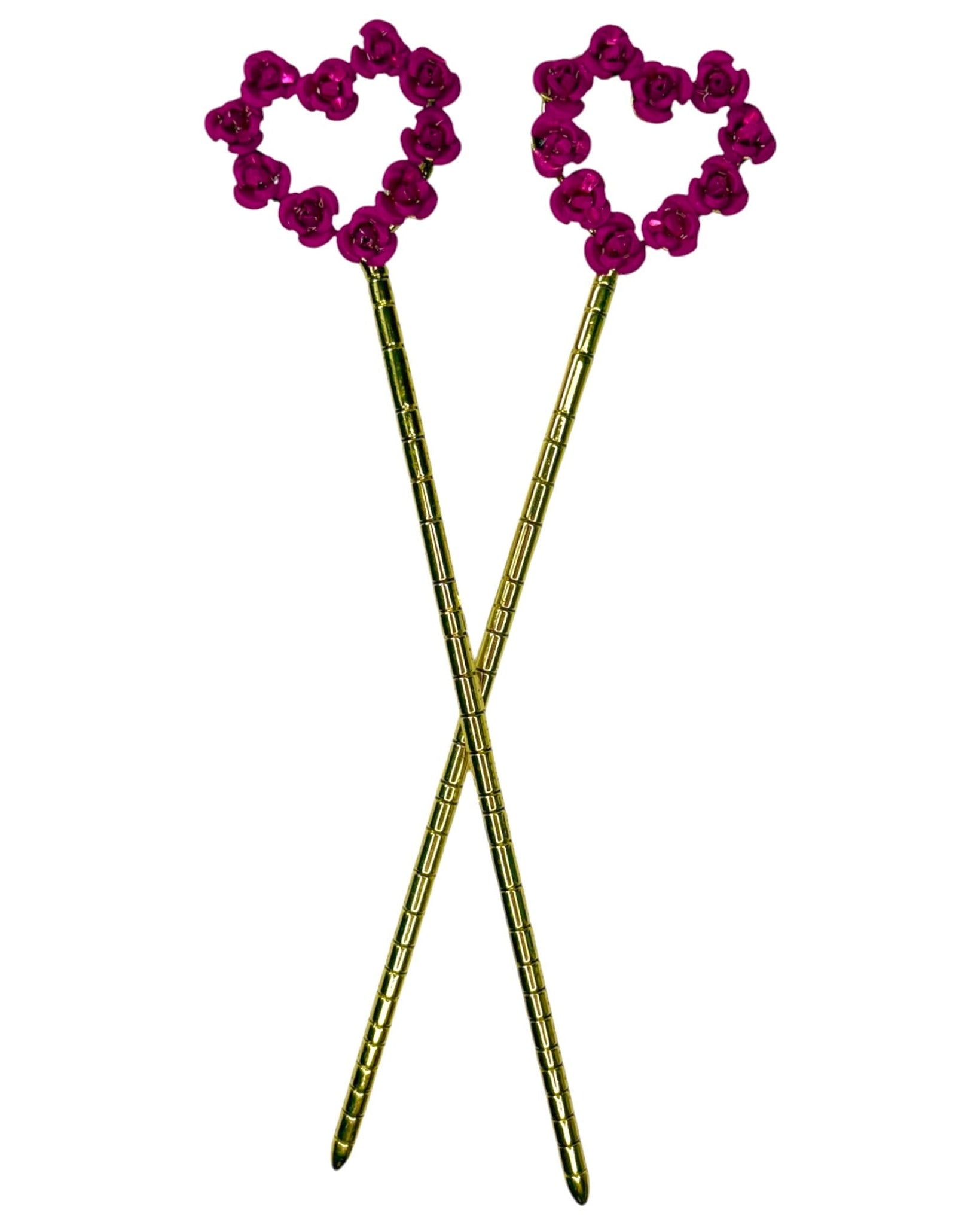 Gold-tone Heart & Flowers Hair Sticks with pink rose heart design, decorative metal hair pins for buns, updos, and elegant hairstyles, front view on white background.