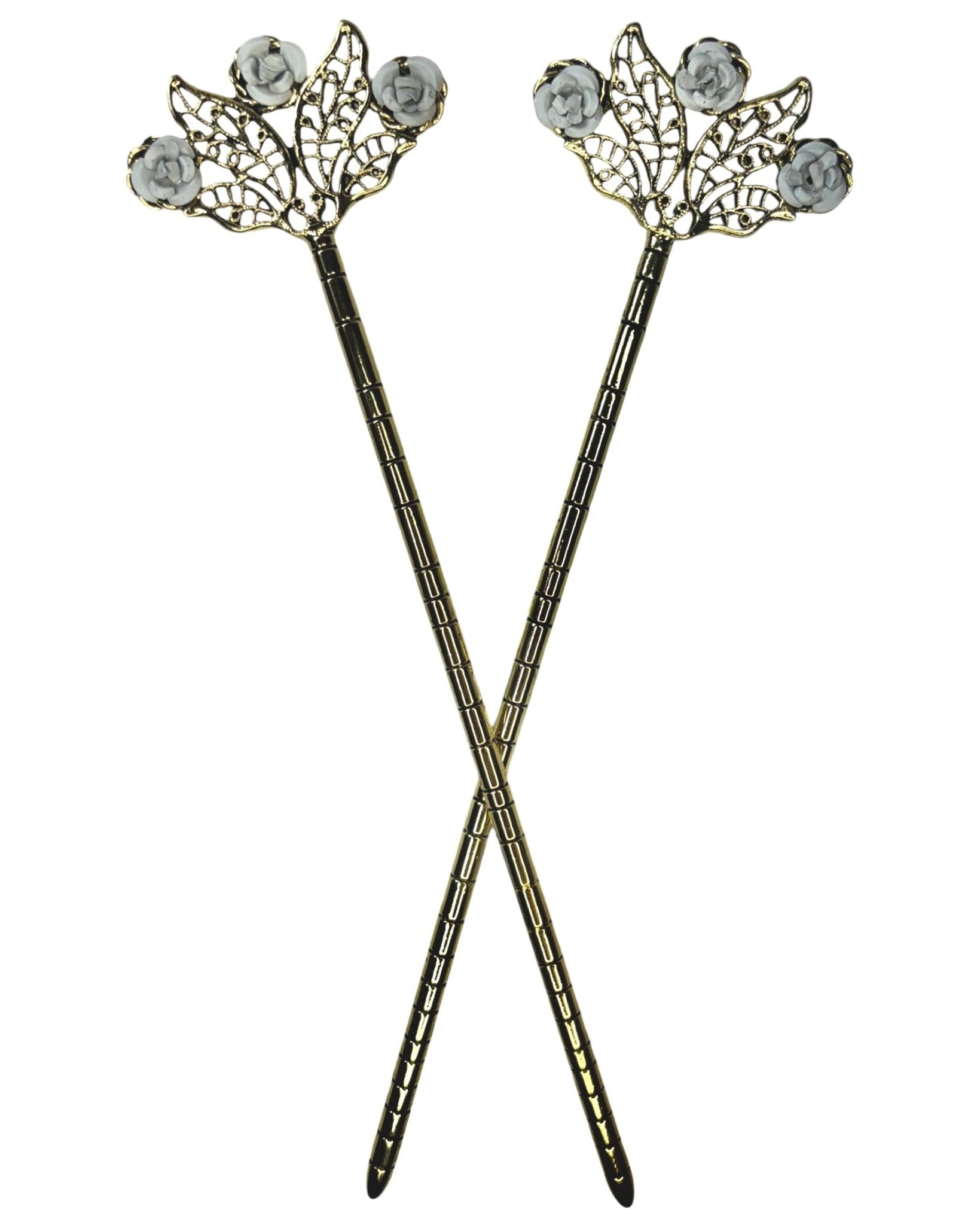 Floral Fan Hair Sticks – Gold floral filigree hair sticks with white rose accents, front product view on white background.