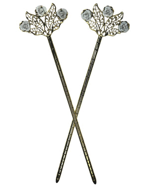 Floral Fan Hair Sticks – Gold floral filigree hair sticks with white rose accents, front product view on white background.
