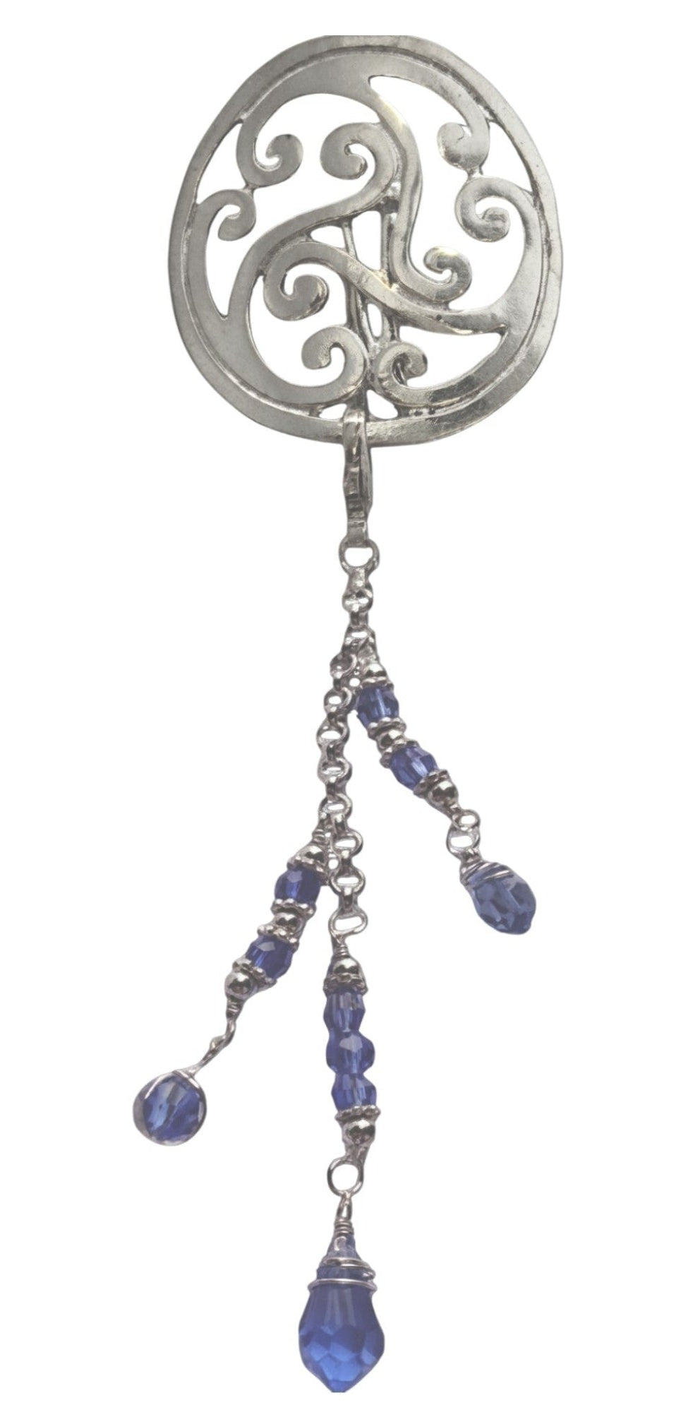 Silver Celtic knot hair charm with blue crystal bead dangles on white background