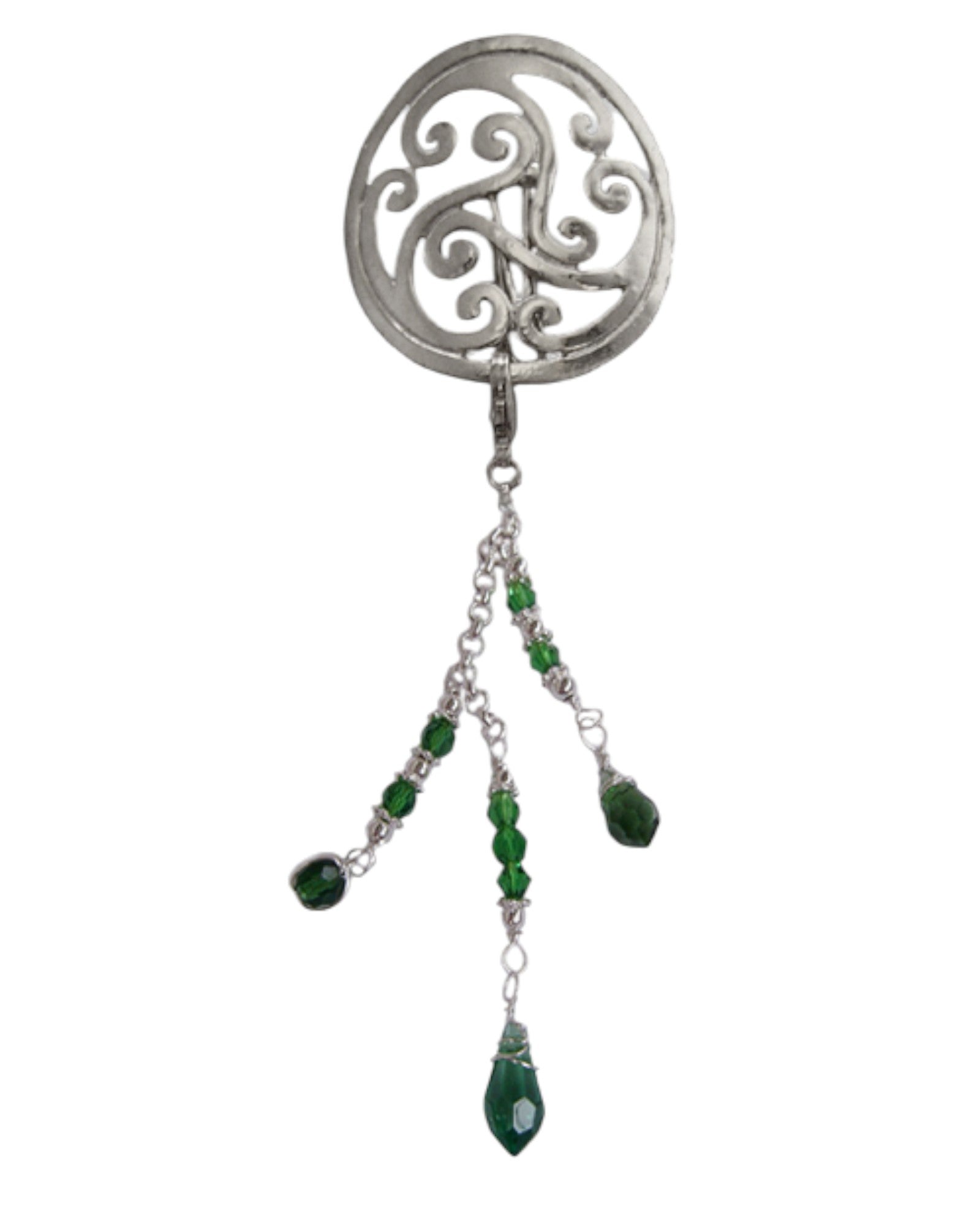 Silver scrollwork hair hook with dangling green bead charms, front view