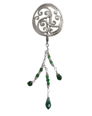 Silver scrollwork hair hook with dangling green bead charms, front view