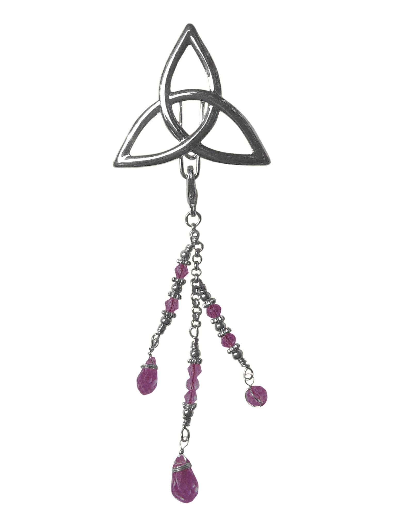 Silver Celtic triquetra hair hook with purple bead charms, front view