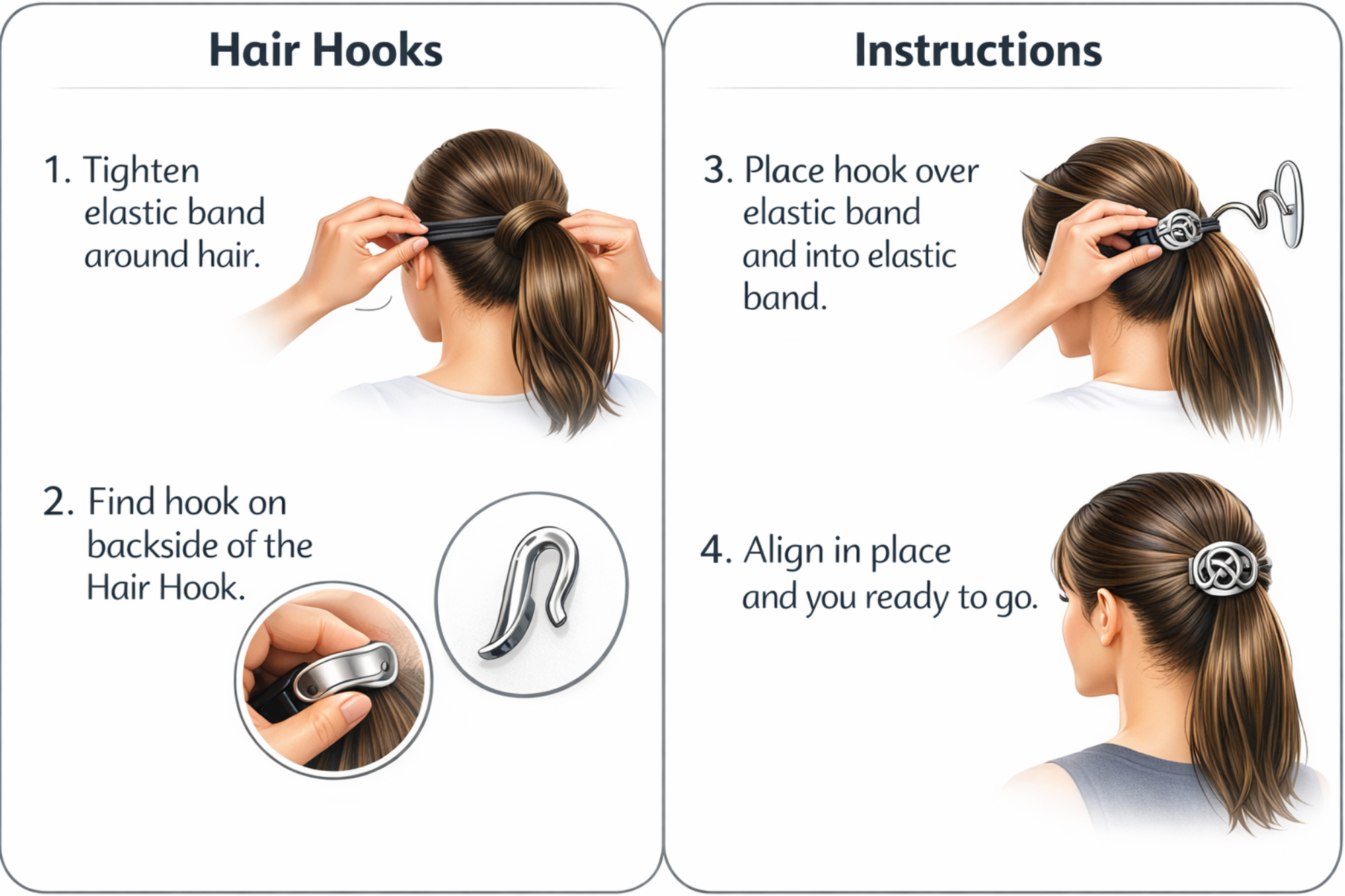 Step-by-step instructions showing how to use a gold yin yang hair hook ponytail holder to secure a bun or ponytail