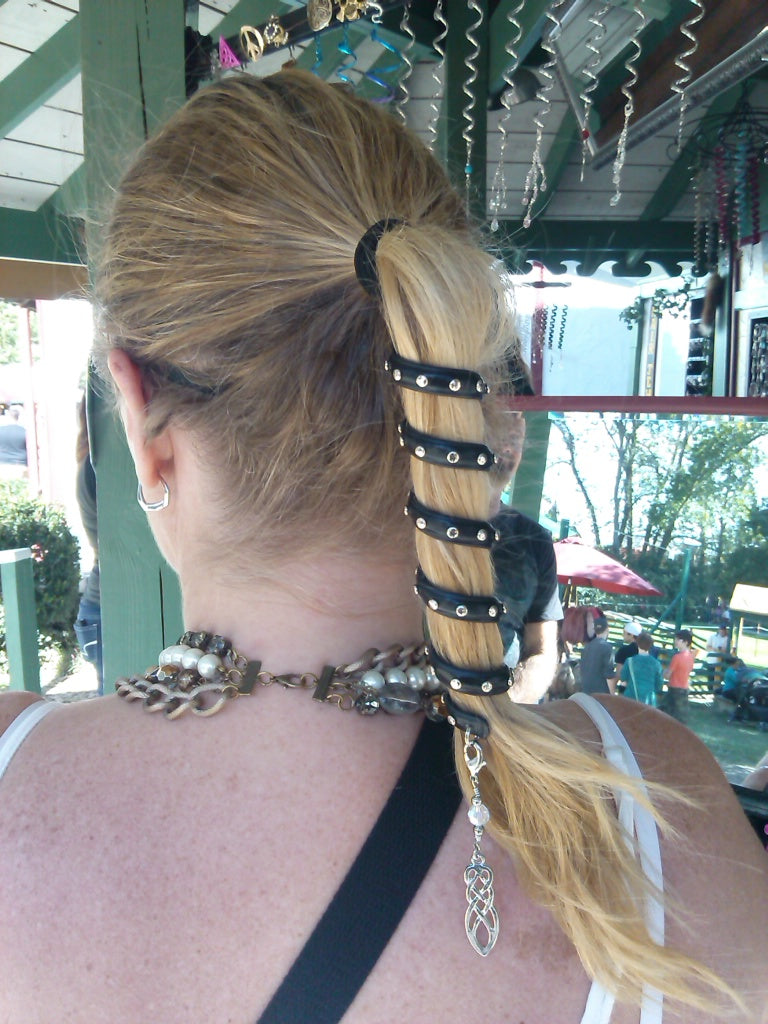 Model wearing Leather Ponytail Wrap - 6" Black with Silver Rivets Biker Accessory