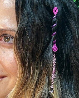 Model wearing a pink rainbow 2-inch Mini Spiral Hair Twister with a dangling crystal charm in short layered hair.