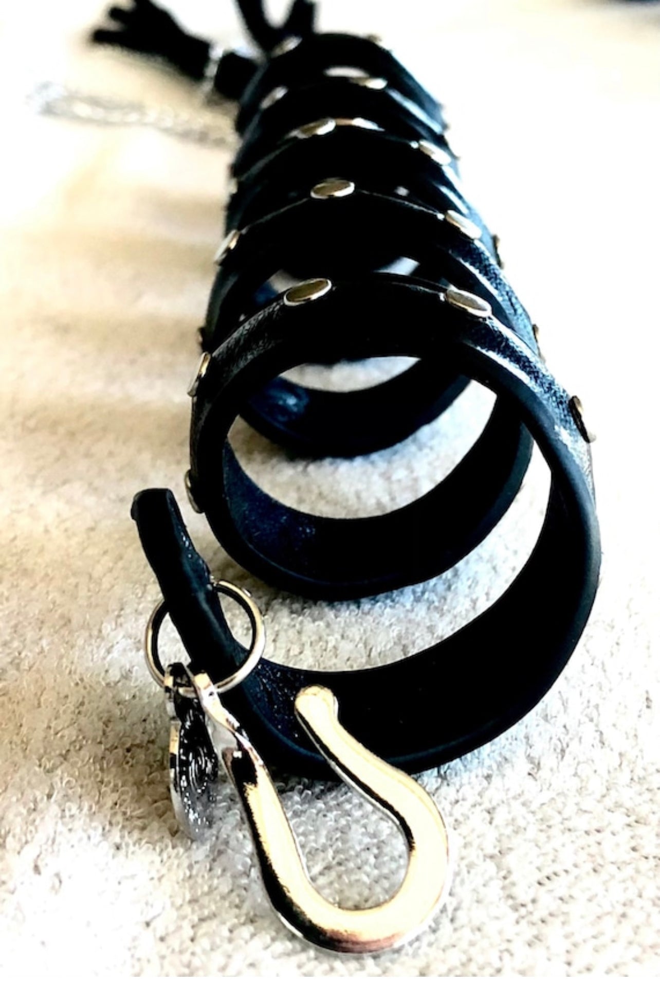 Leather Ponytail Wrap - 6" Black with Silver Rivets Biker Accessory front view