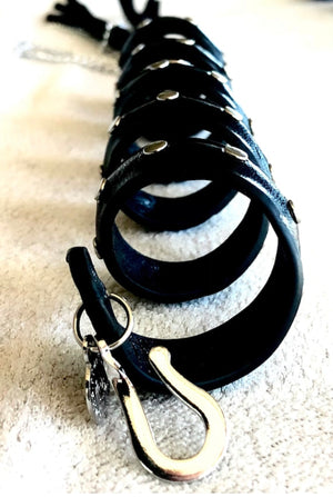 Leather Ponytail Wrap - 6" Black with Silver Rivets Biker Accessory front view