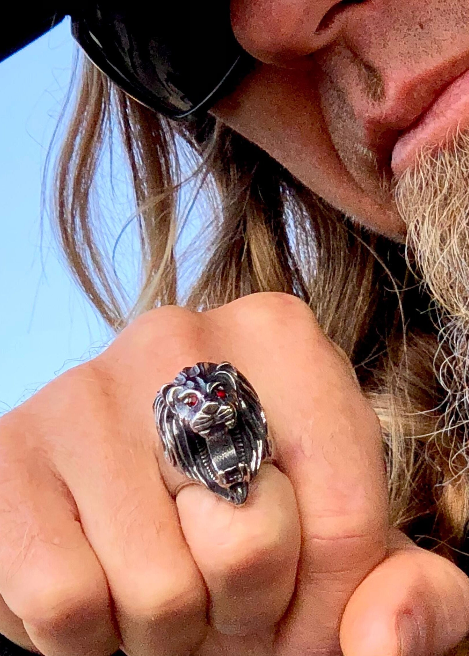 Model wearing Lion Head Bottle Opener Ring - Stainless Steel Red Eye Jewelry party look