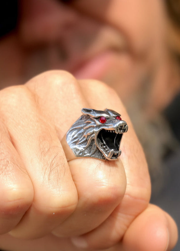 Model wearing Wolf Head Bottle Opener Ring - Stainless Steel Red Eye Jewelry party look