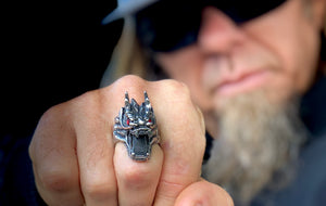 Model wearing Dragon Bottle Opener Ring - Stainless Steel Red Eye Jewelry fantasy biker look