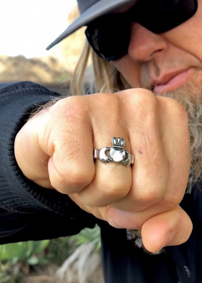 Model wearing Claddagh Bottle Opener Ring - Stainless Steel Celtic Jewelry festival look