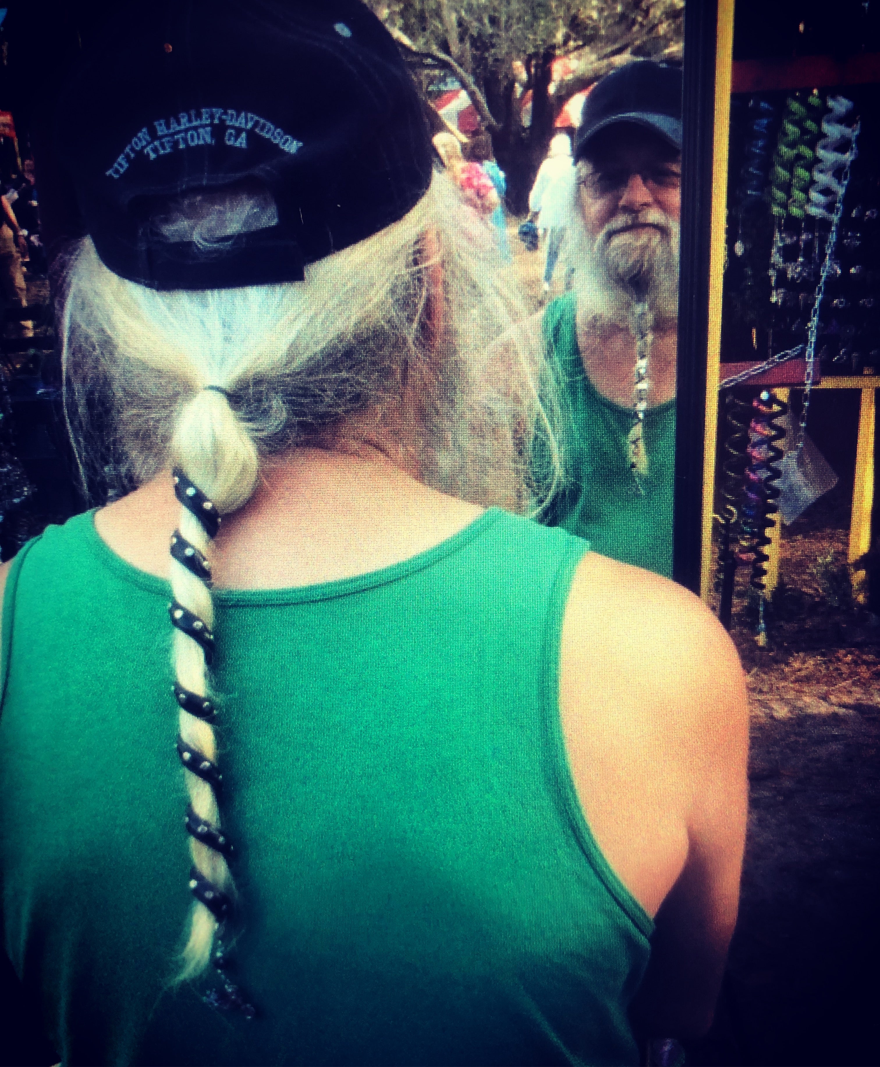 Model wearing Leather Ponytail Wrap - 6" Black with Silver Rivets Biker Accessory