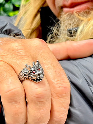 Model wearing Dragon with Red Eyes Ring – Stainless Steel Fantasy Jewelry