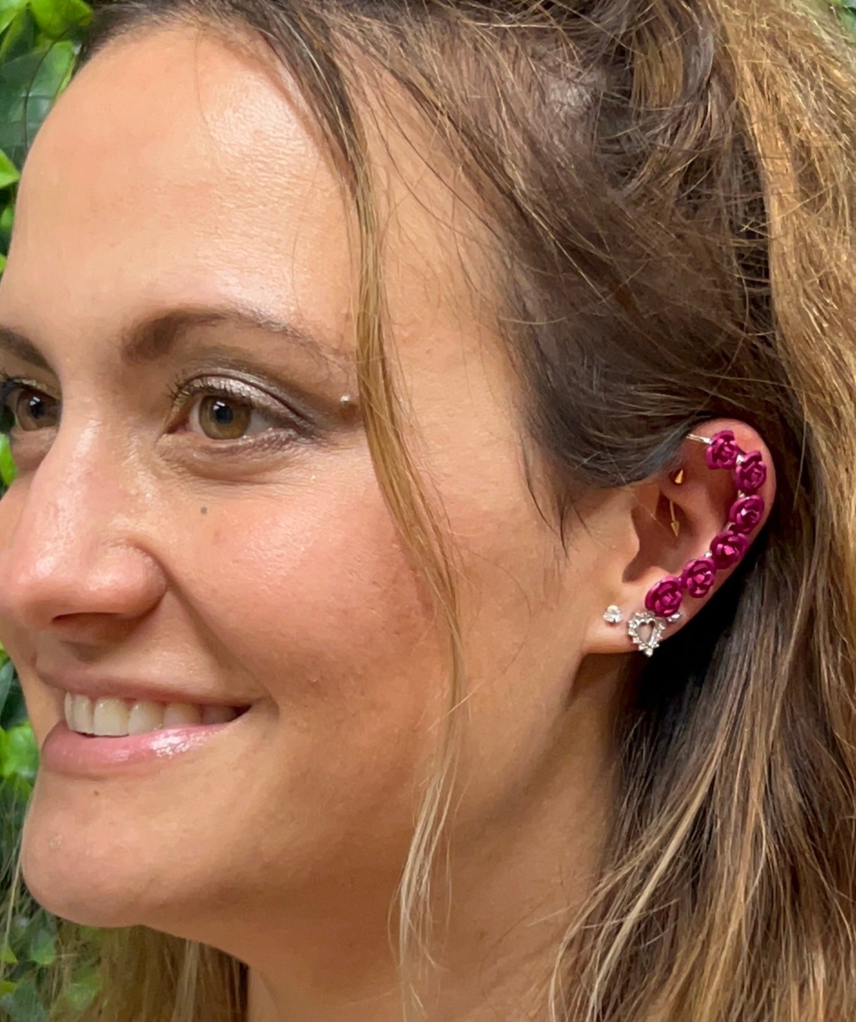 Pink rose elf ear cuff earrings silver no piercing floral ear wrap jewelry worn side view