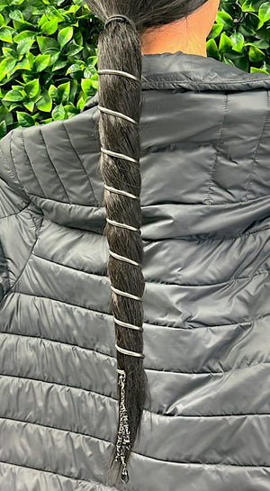 Model wearing Ponytail Wrap - 12" Gun Black Hair Accessory