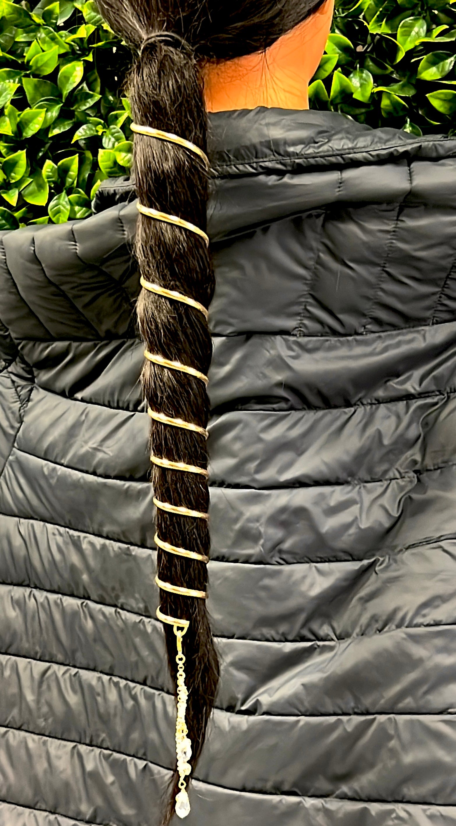 Model wearing Ponytail Wrap Gold - 12" Long Biker Festival Hair Accessory