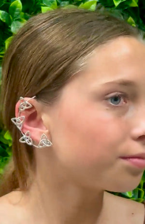 Model wearing Cascading Eternity Silver Elf Ear Cuffs – cosplay festival look