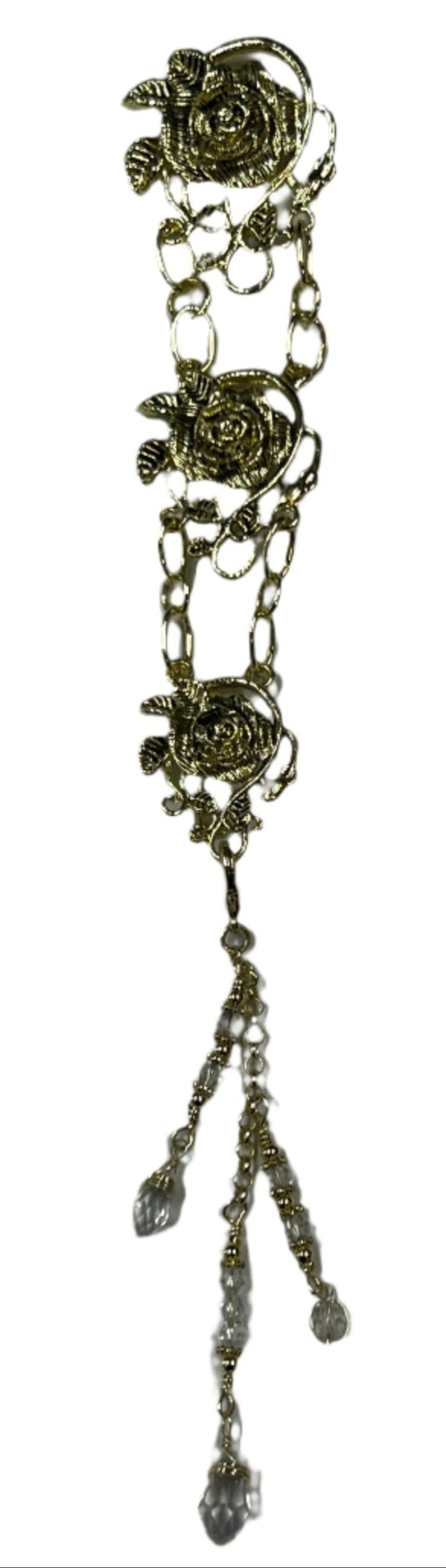 Antique gold rose hair armor ponytail holder with chain and teardrop dangles by Medieval Metal