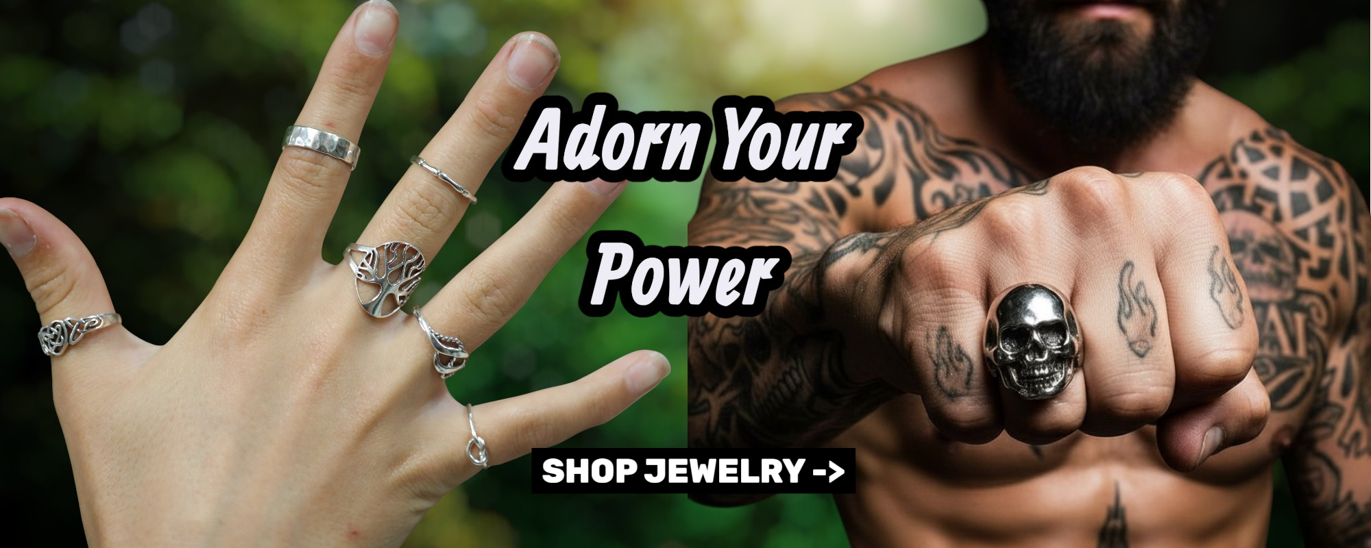 Handcrafted rings and gemstone jewelry worn by a man and woman, featuring bold Medieval Metal designs.
