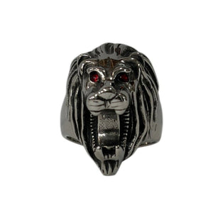 silver lion head ring with red eyes gothic mens statement ring animal jewelry bold front view