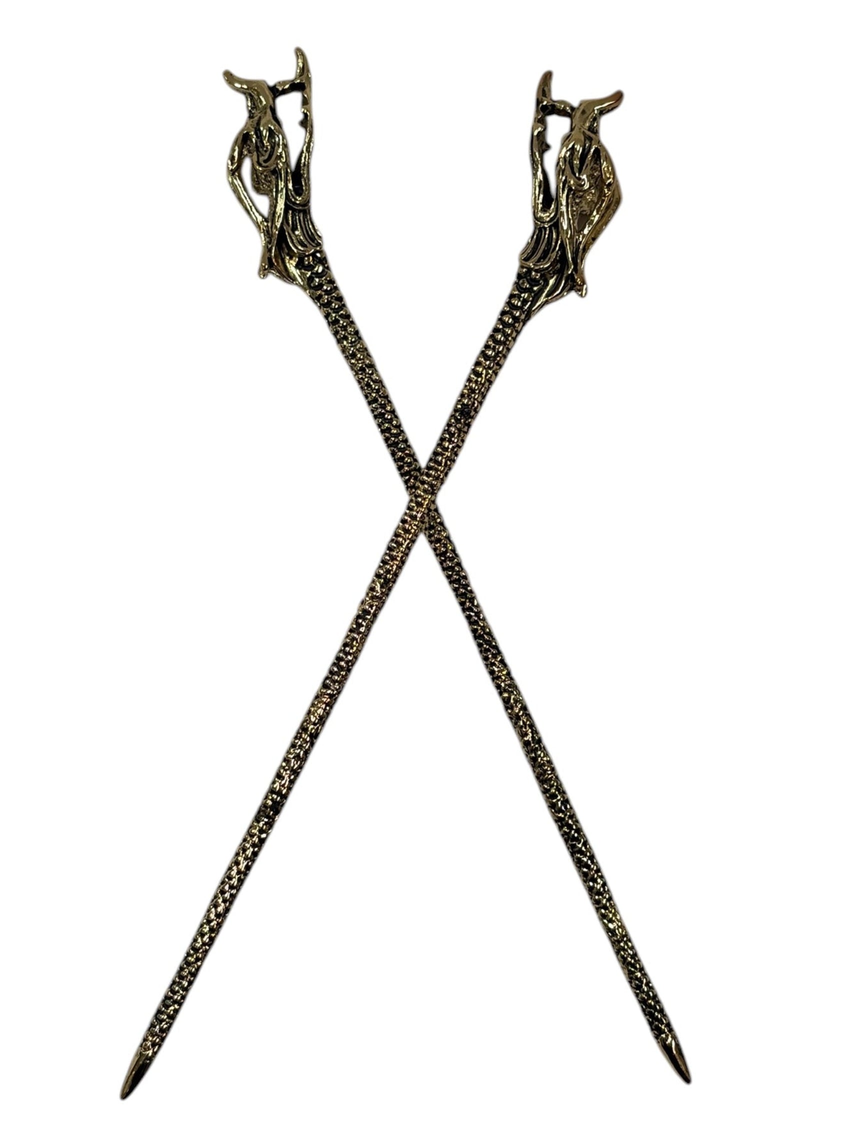 gold dragon hair sticks textured metal fantasy hair pins crossed front view