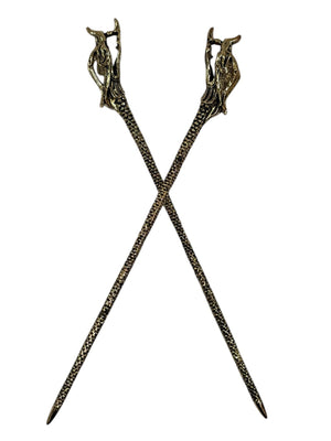 gold dragon hair sticks textured metal fantasy hair pins crossed front view