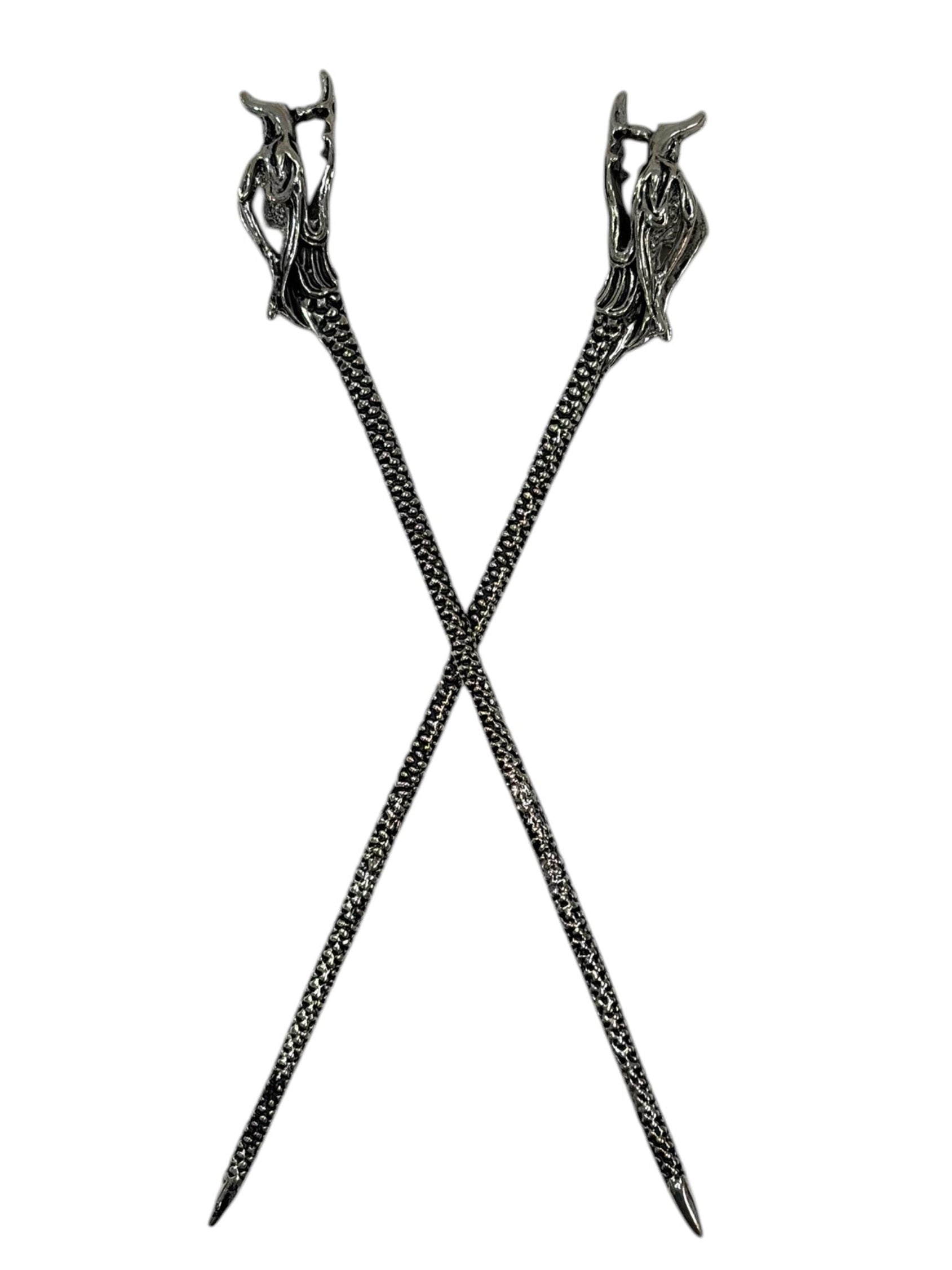 dragon hair sticks black textured metal fantasy hair pins crossed front view