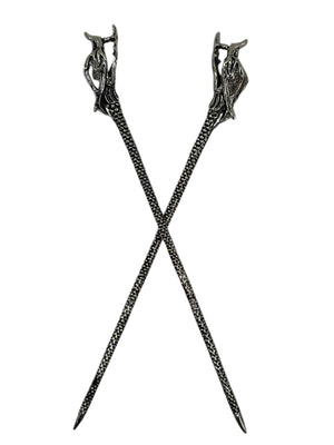 dragon hair sticks black textured metal fantasy hair pins crossed front view