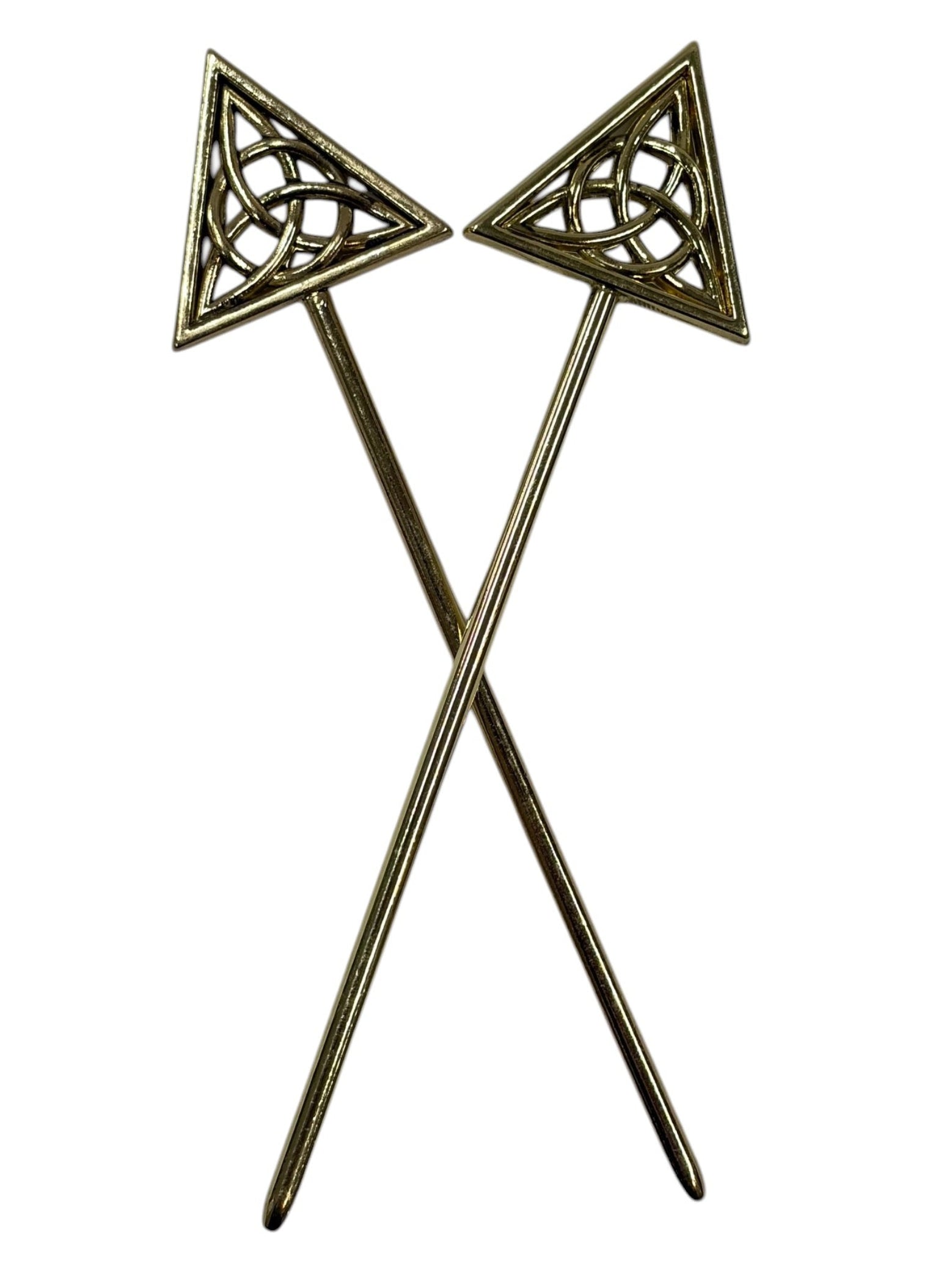 gold celtic knot hair sticks triangular antique metal hair pins crossed front view