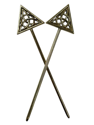 gold celtic knot hair sticks triangular antique metal hair pins crossed front view