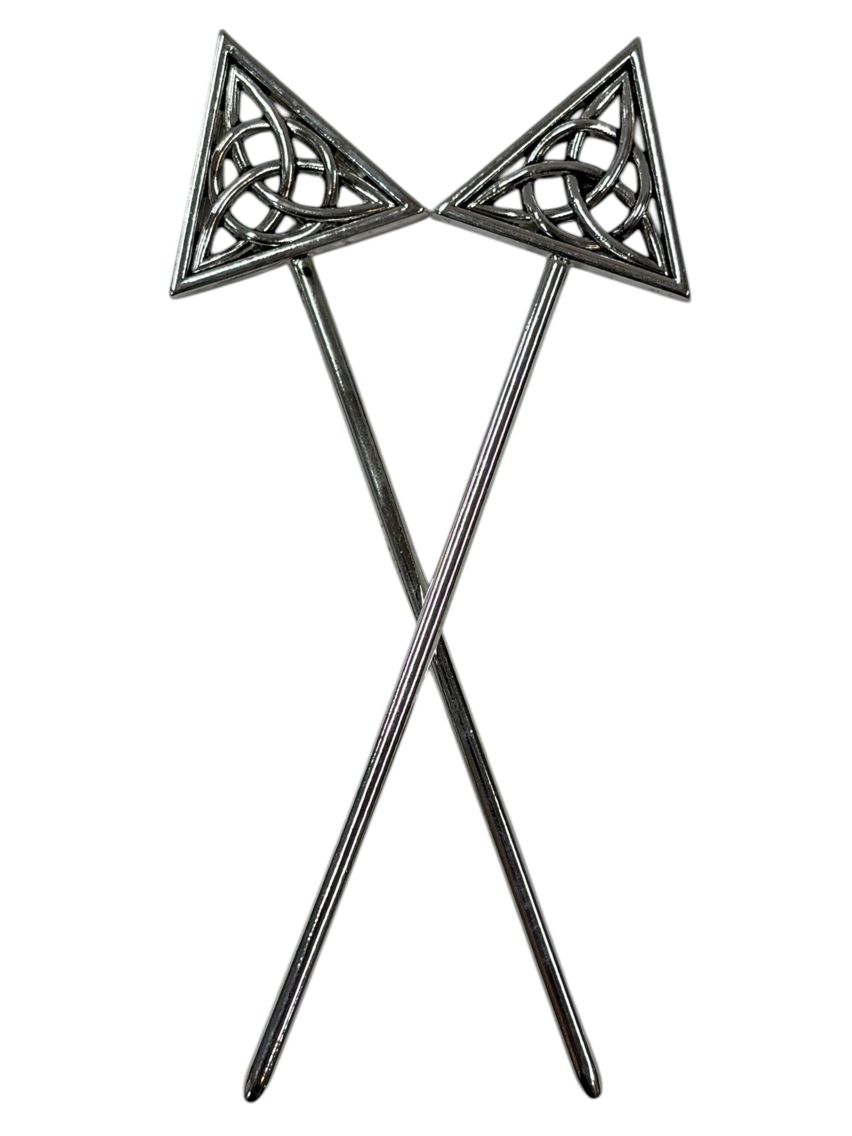 celtic knot hair sticks triangular design black metal hair pins crossed front view