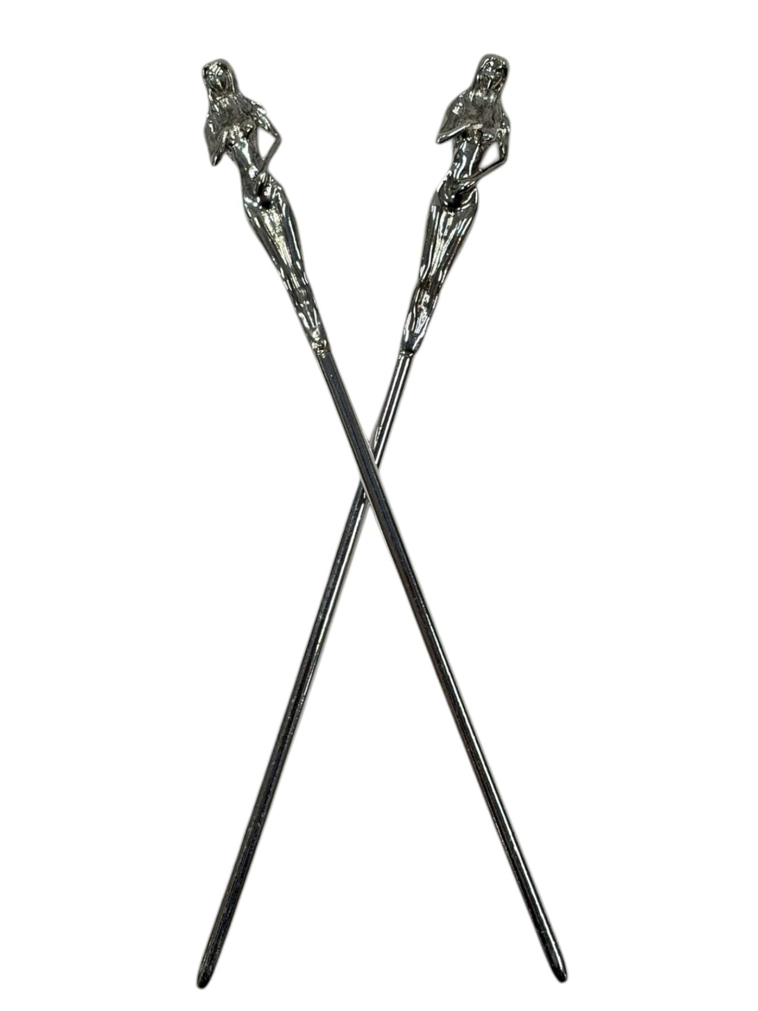 silver sculpted figure hair sticks decorative metal hair pins crossed front view