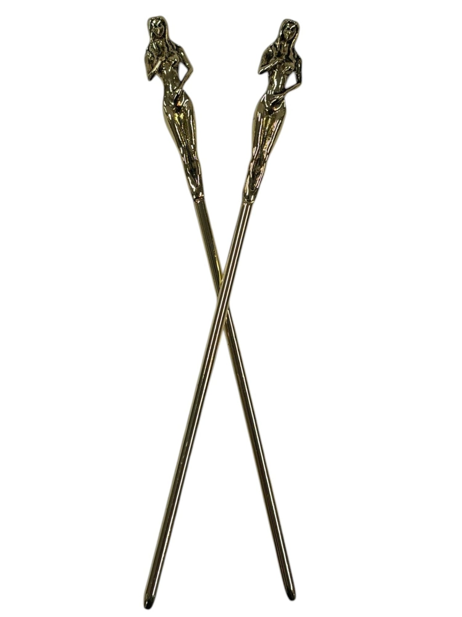 gold sculpted figure hair sticks decorative metal hair pins crossed front view