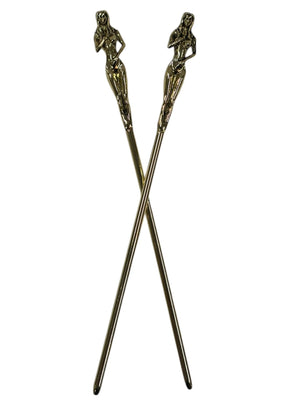 gold sculpted figure hair sticks decorative metal hair pins crossed front view
