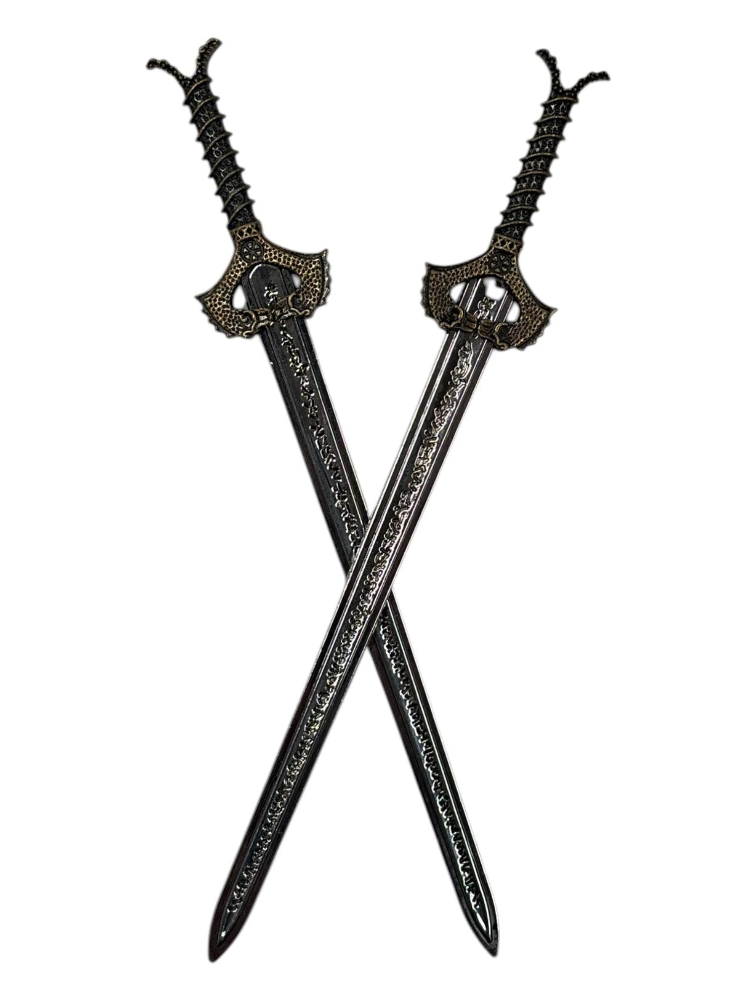 black sword hair sticks with gold accents medieval weapon design decorative metal hair pins crossed front view