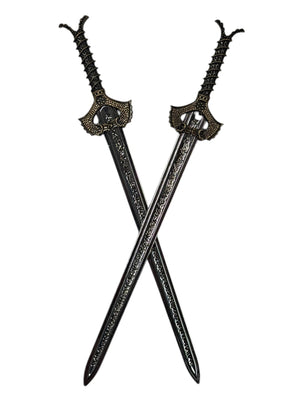 black sword hair sticks with gold accents medieval weapon design decorative metal hair pins crossed front view
