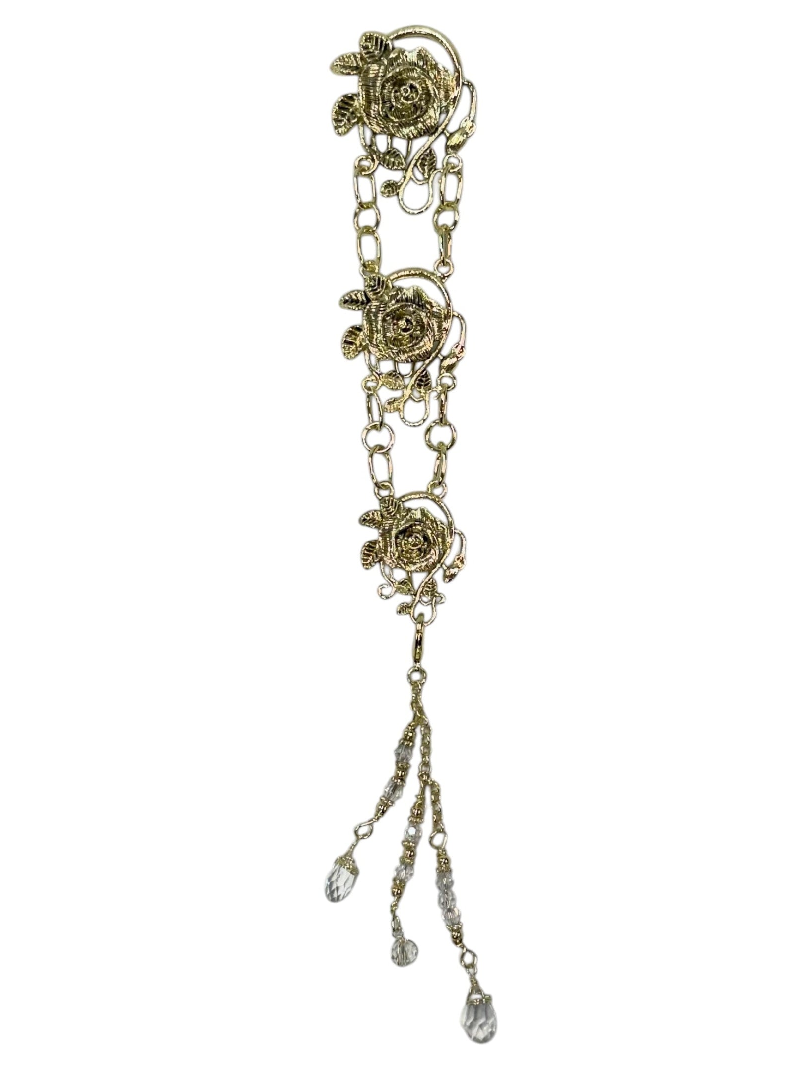 gold rose chain hair accessory with crystal drop strands front view