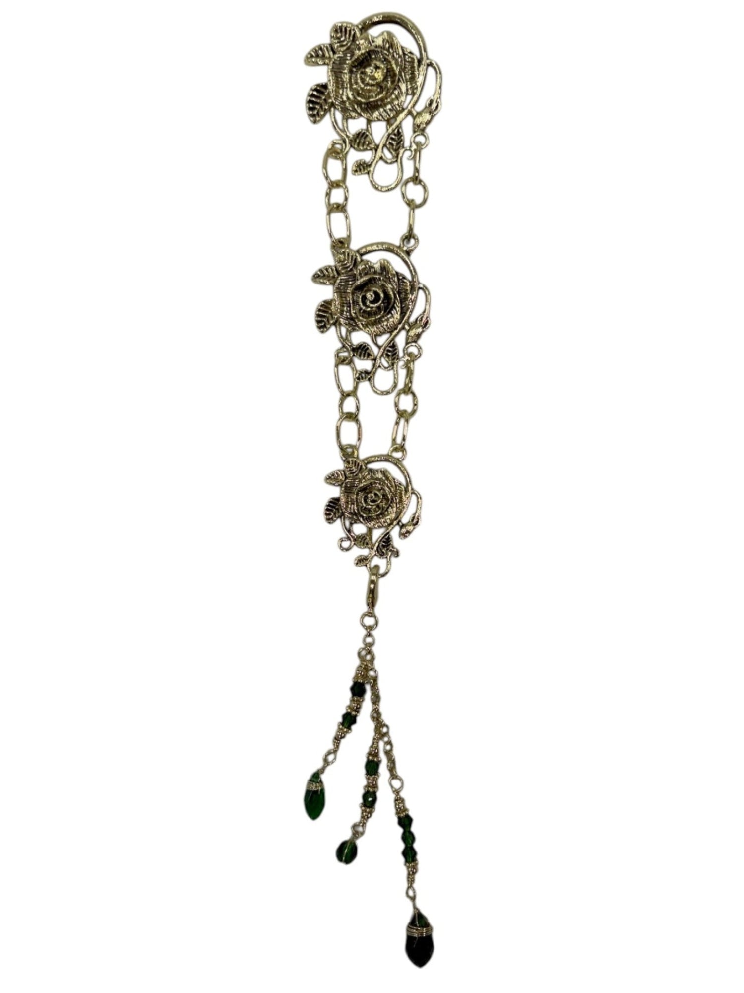 gold rose chain hair accessory with green crystal drop strands front view