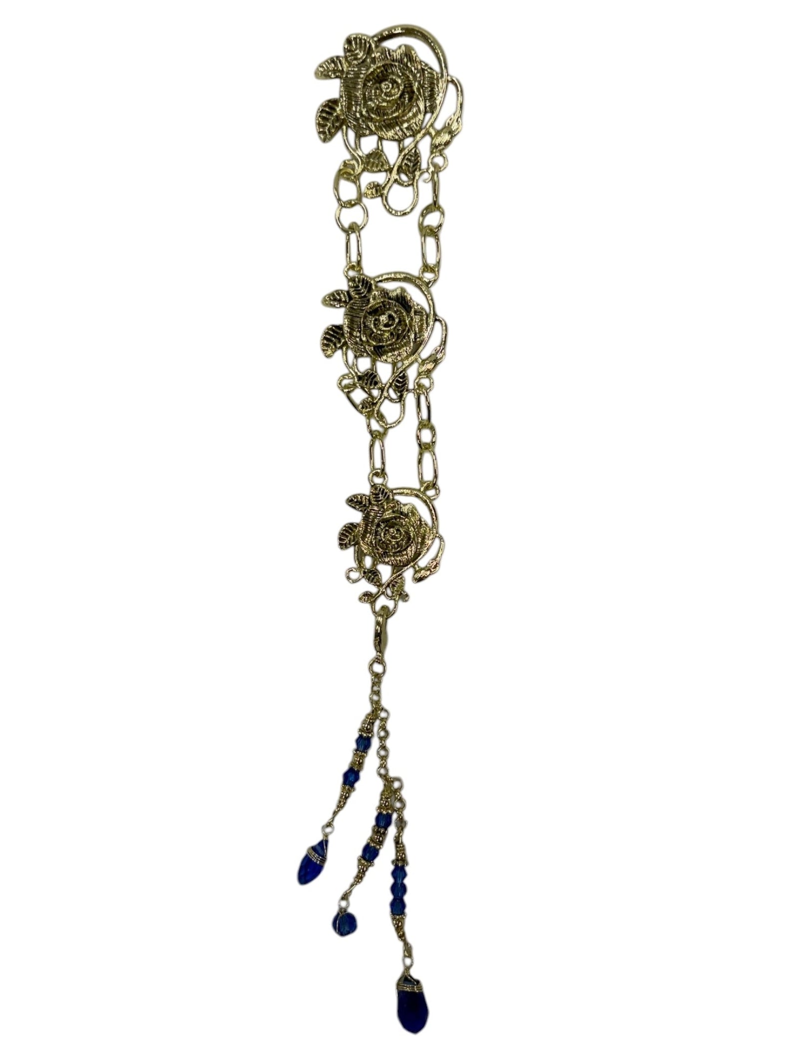 gold rose chain hair accessory with blue crystal drop strands front view