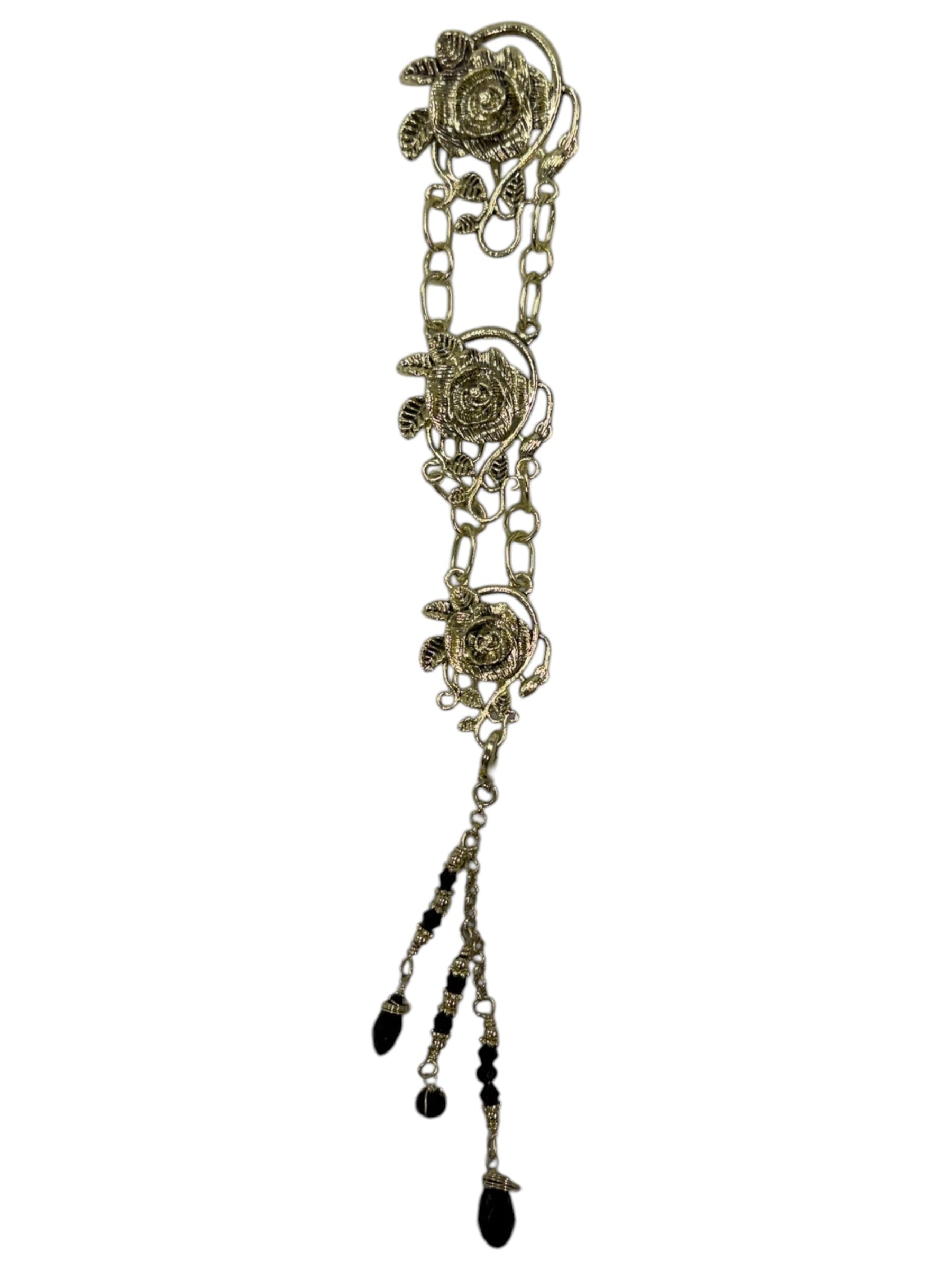 gold rose chain hair accessory with black crystal drop strands front view