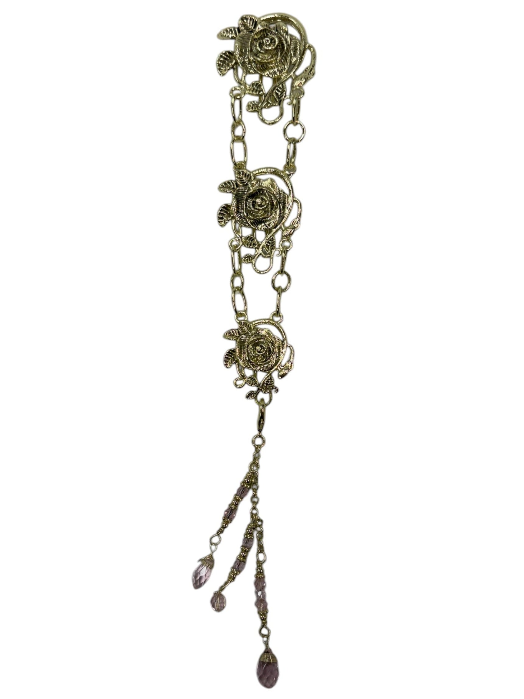 gold rose chain hair accessory with pink crystal drop strands front view